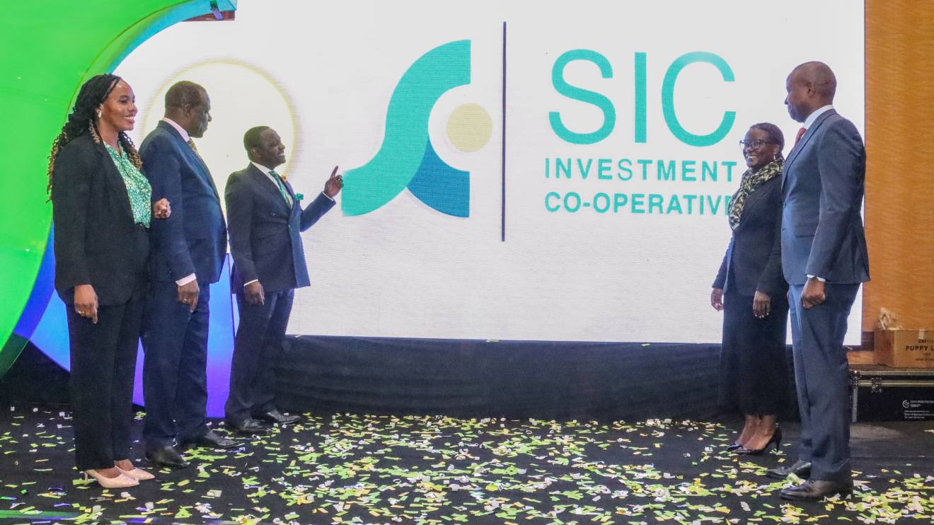 Wycliffe Oparanya, Patrick Kilemi, Judy Runo, Churchill Winstones and Zizwe Vundla during the unveil of the Society’s new brand identity from Safaricom Investment Co-operative to SIC Investment Co-operative. PHOTO/COURTESY